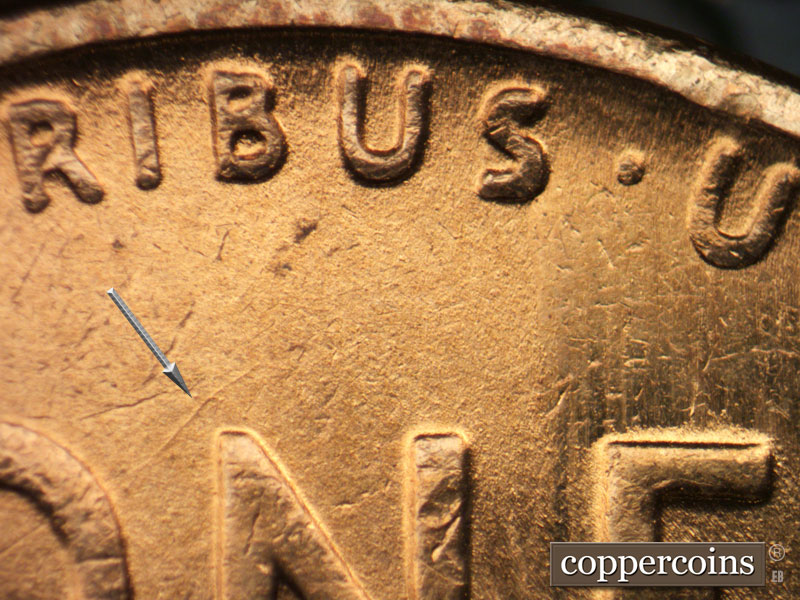 Die-stage B marker on 1944P•1DO•030 (1944 Doubled Die Obverse).