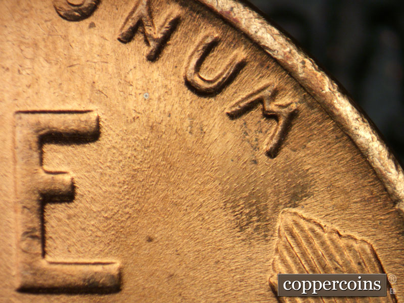 Die-stage B marker on 1944P•1DO•030 (1944 Doubled Die Obverse).