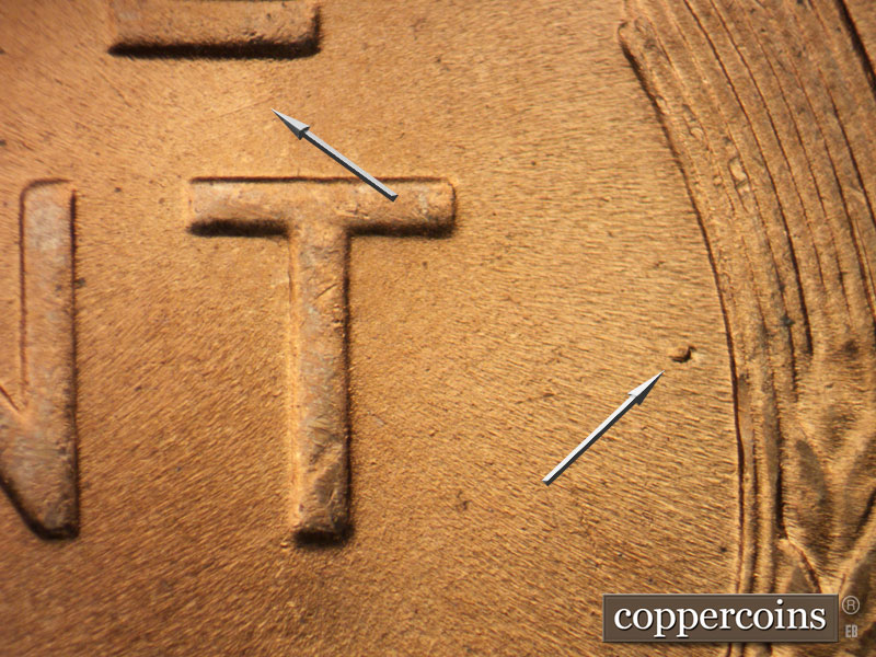 Die-stage B marker on 1944P•1DO•030 (1944 Doubled Die Obverse).