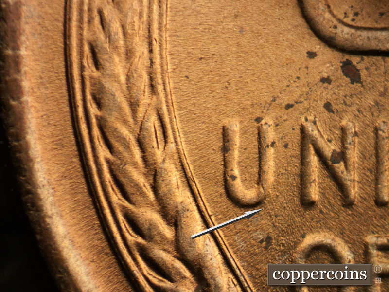 Die-stage B marker on 1944P•1DO•030 (1944 Doubled Die Obverse).