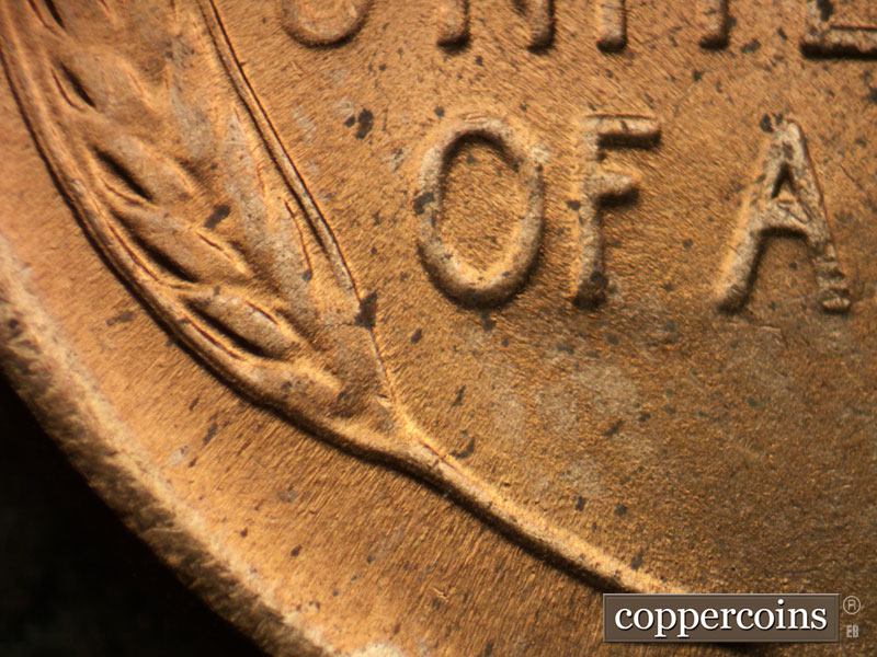 Die-stage B marker on 1944P•1DO•030 (1944 Doubled Die Obverse).