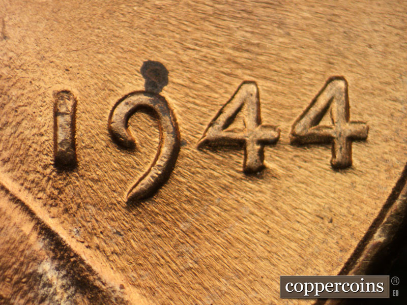 Die-stage B marker on 1944P•1DO•031 (1944 Doubled Die Obverse).