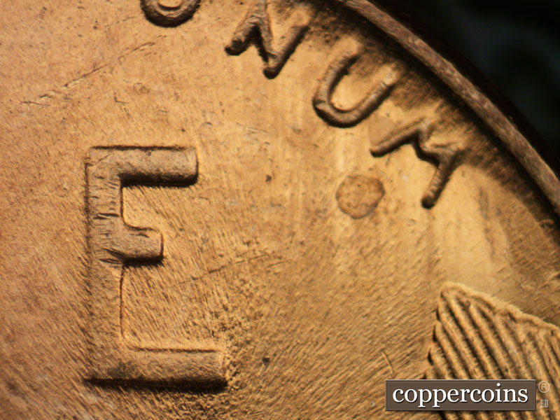 Die-stage B marker on 1944P•1DO•031 (1944 Doubled Die Obverse).