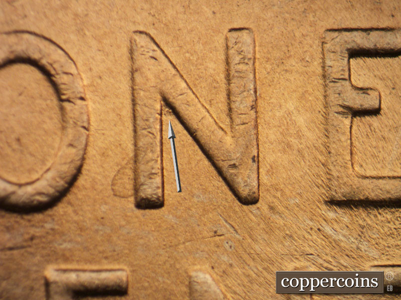 Die-stage B marker on 1944P•1DO•031 (1944 Doubled Die Obverse).
