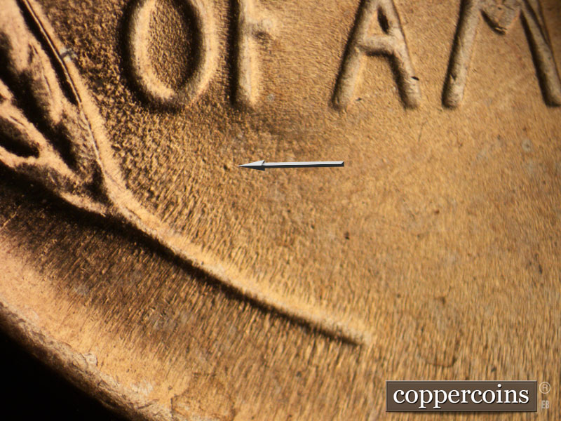 Die-stage B marker on 1944P•1DO•031 (1944 Doubled Die Obverse).