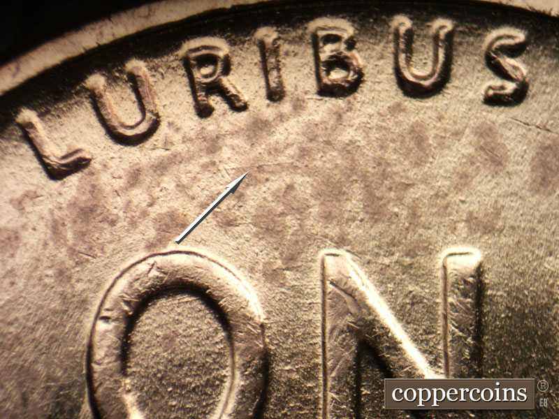 Die-stage B marker on 1944P•1DO•032 (1944 Doubled Die Obverse).