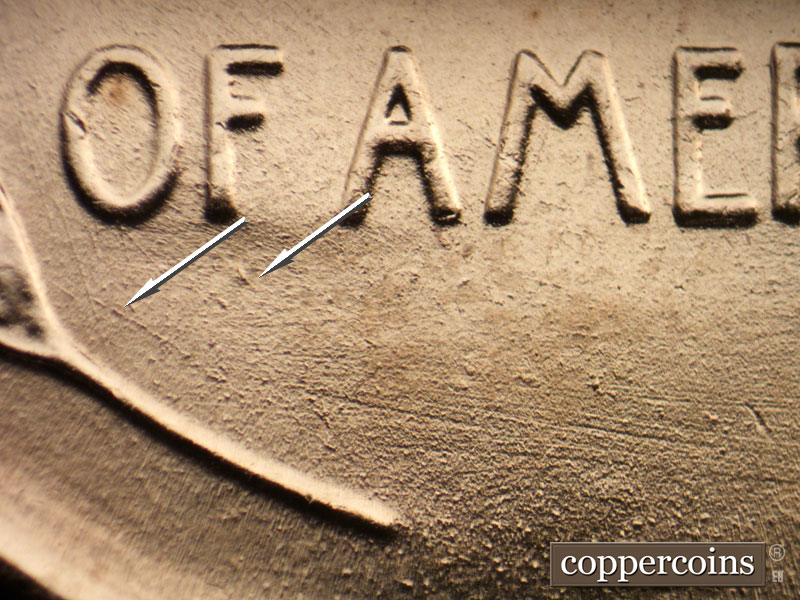 Die-stage B marker on 1944P•1DO•032 (1944 Doubled Die Obverse).