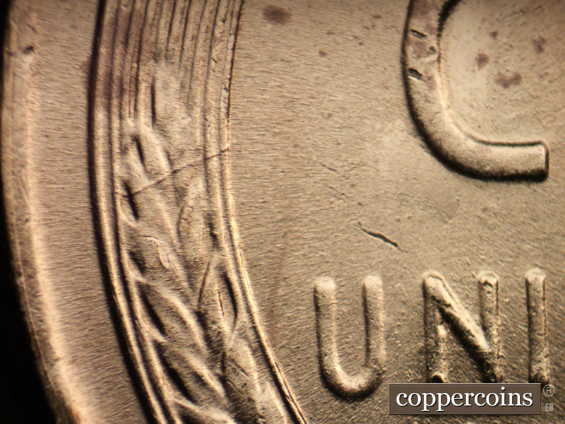 Die-stage B marker on 1944P•1DO•032 (1944 Doubled Die Obverse).