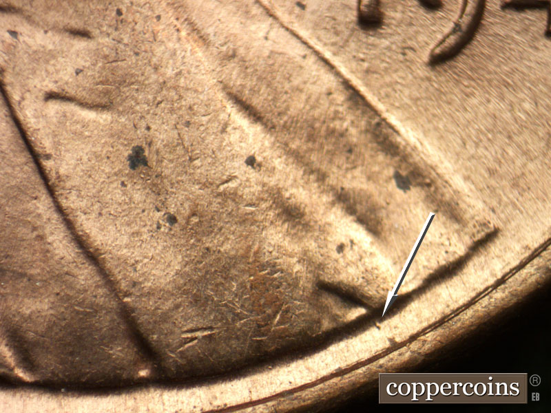Die-stage B marker on 1944P•1DO•033 (1944 Doubled Die Obverse).
