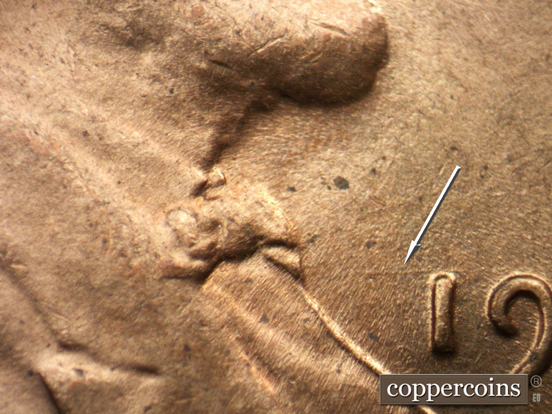Die-stage B marker on 1944P•1DO•033 (1944 Doubled Die Obverse).