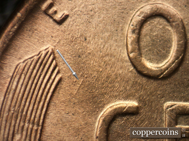 Die-stage B marker on 1944P•1DO•033 (1944 Doubled Die Obverse).