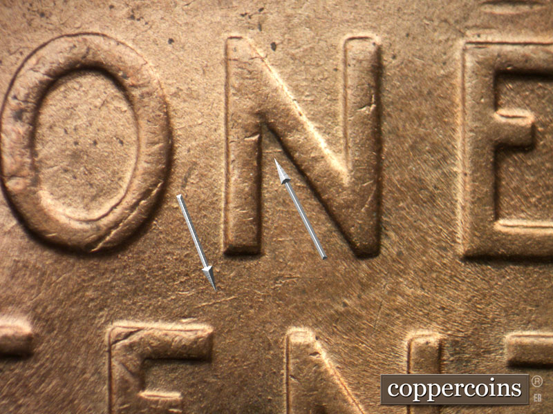 Die-stage B marker on 1944P•1DO•033 (1944 Doubled Die Obverse).