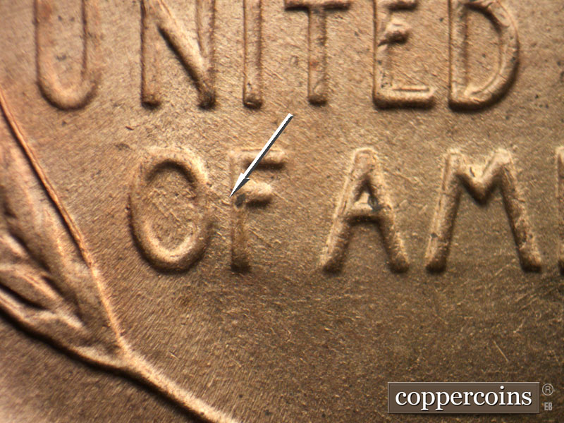 Die-stage B marker on 1944P•1DO•033 (1944 Doubled Die Obverse).