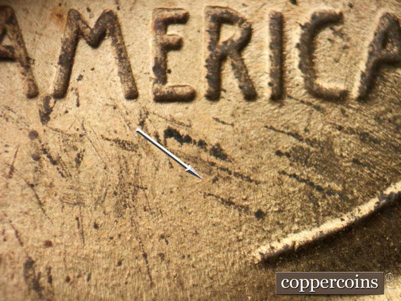 Die-stage B marker on 1944P•1DO•034 (1944 Doubled Die Obverse).
