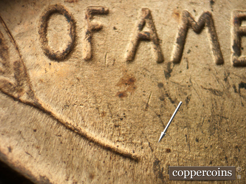 Die-stage B marker on 1944P•1DO•034 (1944 Doubled Die Obverse).