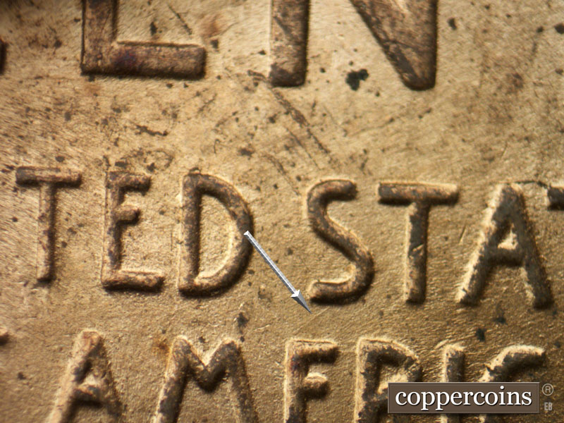 Die-stage B marker on 1944P•1DO•034 (1944 Doubled Die Obverse).