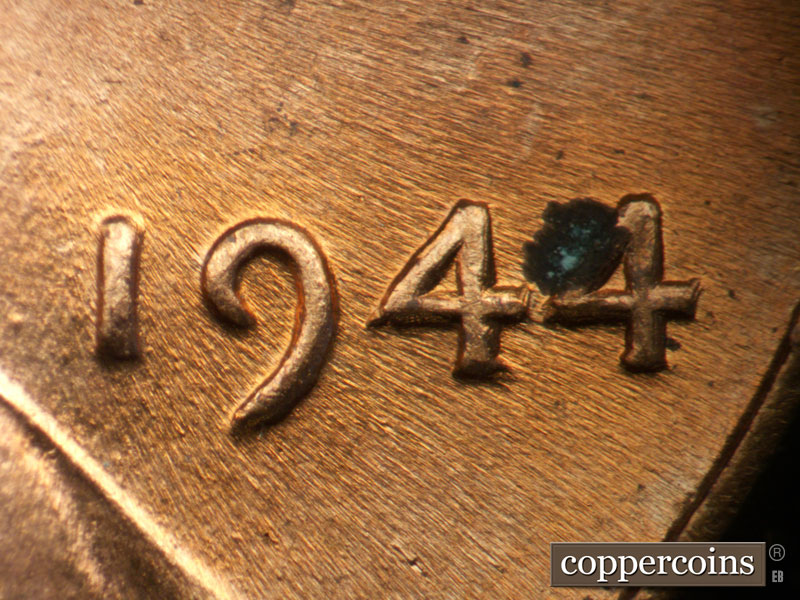 Die-stage B marker on 1944P•1DO•036 (1944 Doubled Die Obverse).