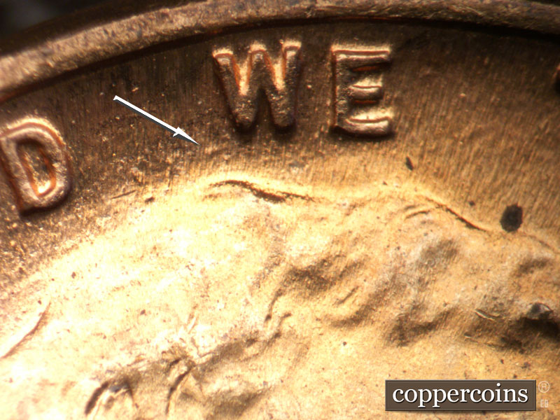 Die-stage B marker on 1944P•1DO•036 (1944 Doubled Die Obverse).