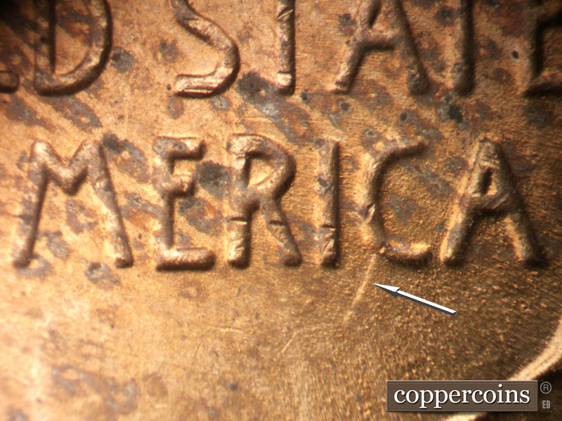 Die-stage B marker on 1944P•1DO•036 (1944 Doubled Die Obverse).