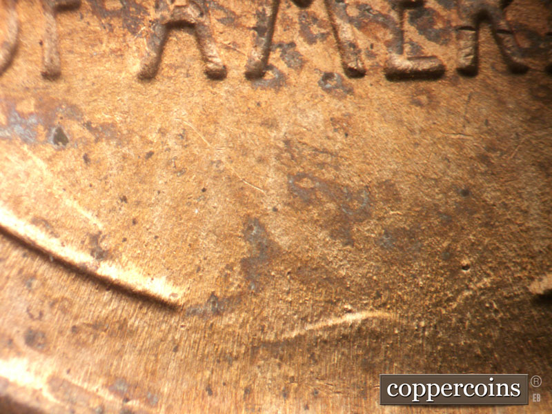 Die-stage B marker on 1944P•1DO•036 (1944 Doubled Die Obverse).