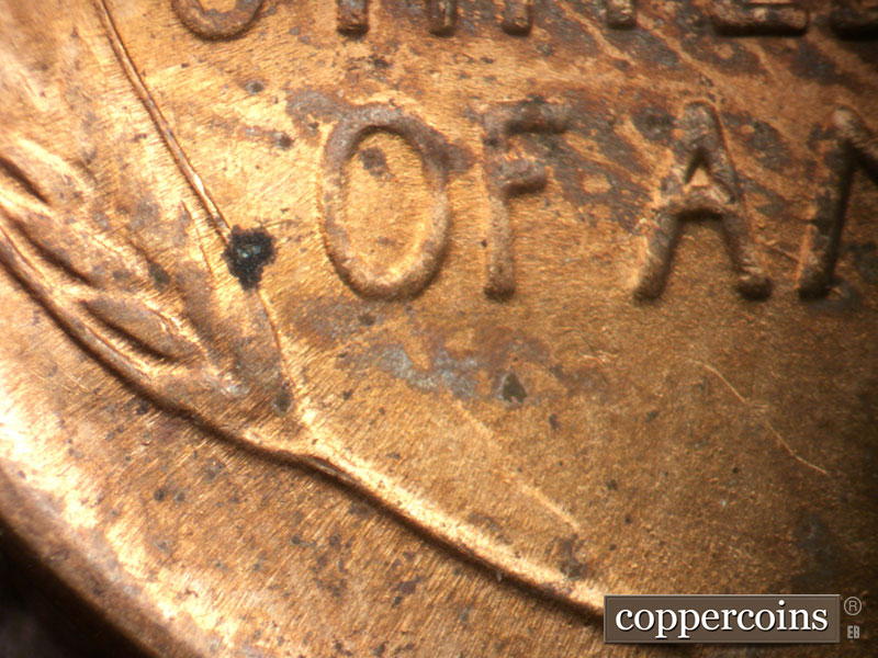 Die-stage B marker on 1944P•1DO•036 (1944 Doubled Die Obverse).