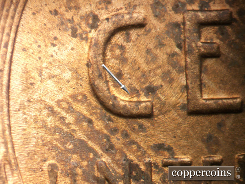 Die-stage B marker on 1944P•1DO•036 (1944 Doubled Die Obverse).