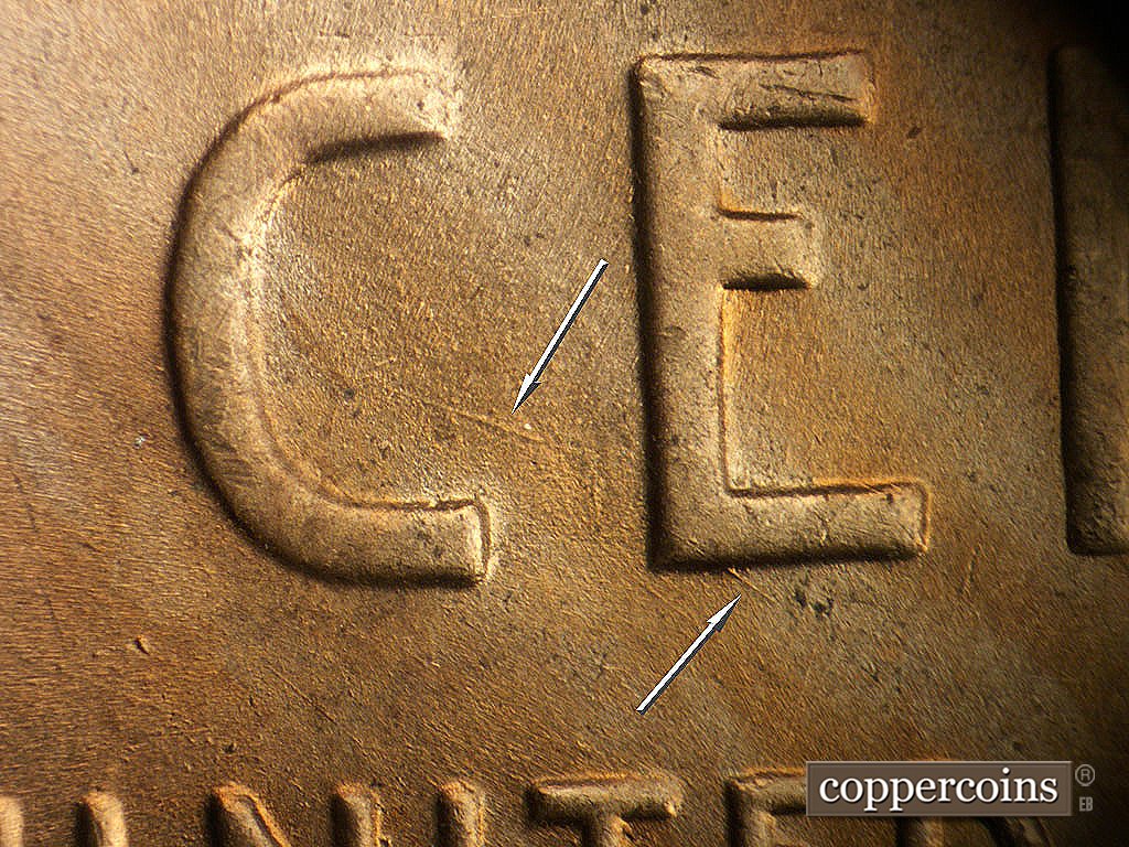 Die-stage B marker on 1944P•1DO•038 showing SE die scratch in C of CENT.