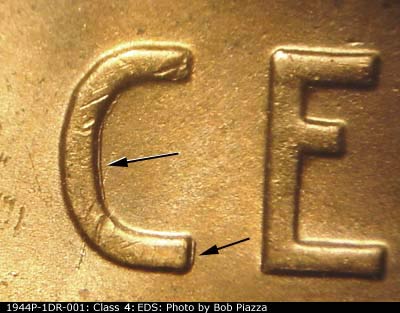 Die-stage A marker on 1944P•1DR•001 (1944 Doubled Die Reverse).