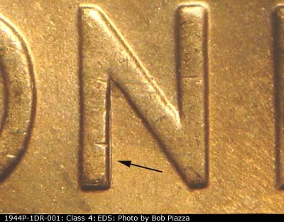 Die-stage A marker on 1944P•1DR•001 (1944 Doubled Die Reverse).