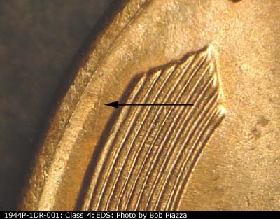 Die-stage A marker on 1944P•1DR•001 (1944 Doubled Die Reverse).