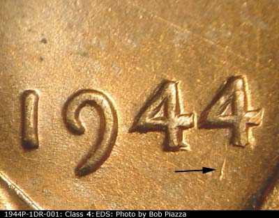 Die-stage A marker on 1944P•1DR•001 (1944 Doubled Die Reverse).