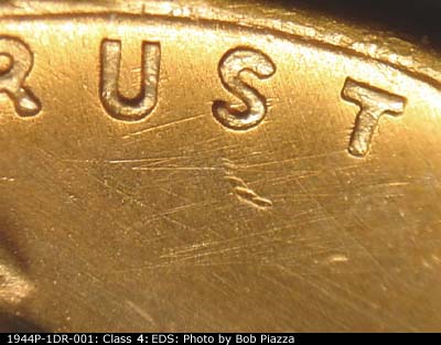 Die-stage A marker on 1944P•1DR•001 (1944 Doubled Die Reverse).