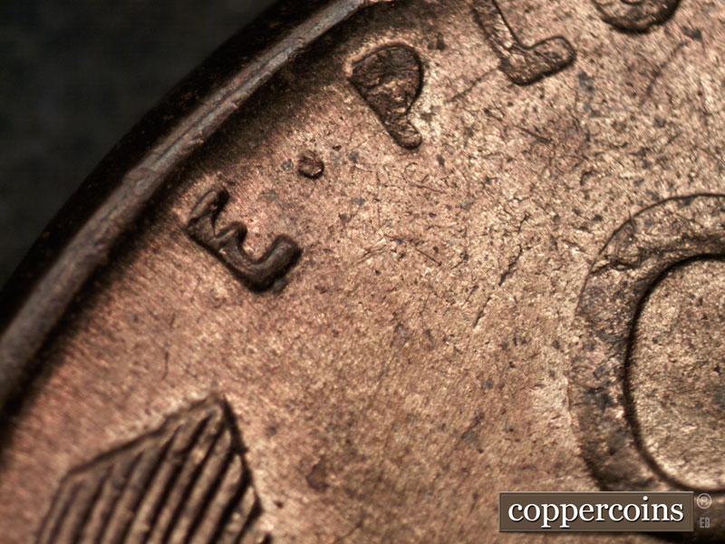 Die-stage C marker on 1944P•1DR•002 (1944 Doubled Die Reverse).