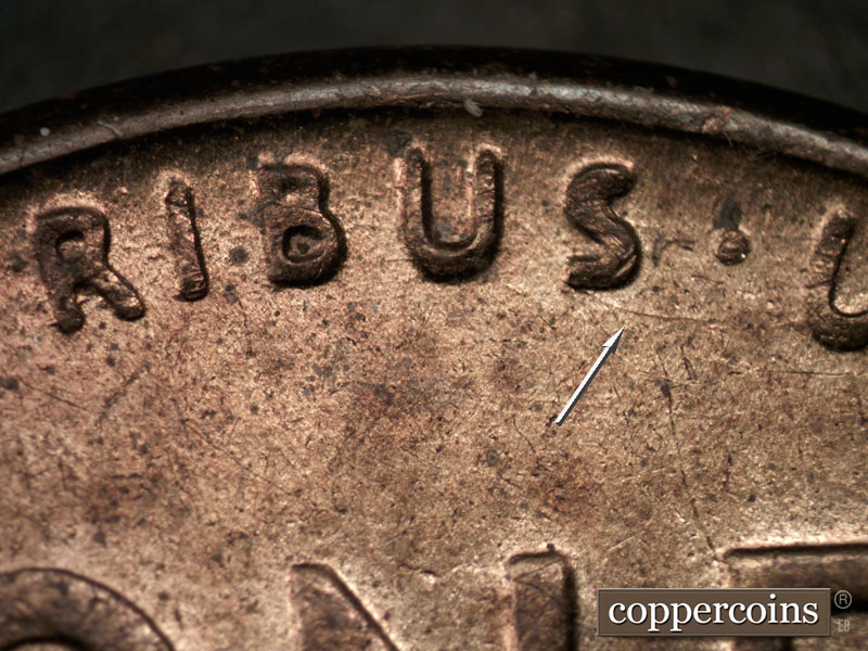 Die-stage C marker on 1944P•1DR•002 (1944 Doubled Die Reverse).