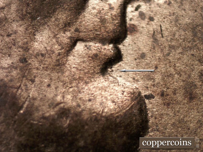 Die-stage C marker on 1944P•1DR•002 (1944 Doubled Die Reverse).