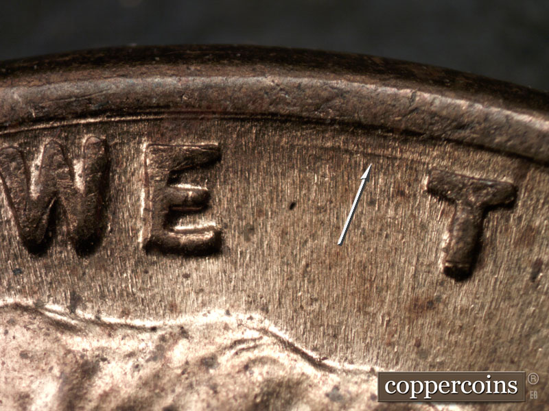 Die-stage C marker on 1944P•1DR•002 (1944 Doubled Die Reverse).