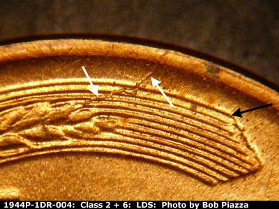 Die-stage C marker on 1944P•1DR•004 (1944 Doubled Die Reverse).