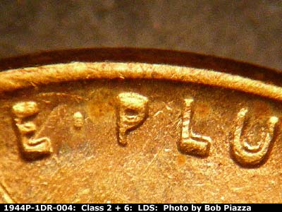 Die-stage C marker on 1944P•1DR•004 (1944 Doubled Die Reverse).