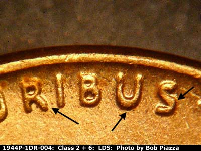 Die-stage C marker on 1944P•1DR•004 (1944 Doubled Die Reverse).