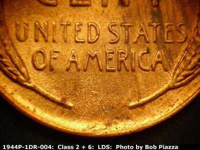 Die-stage C marker on 1944P•1DR•004 (1944 Doubled Die Reverse).