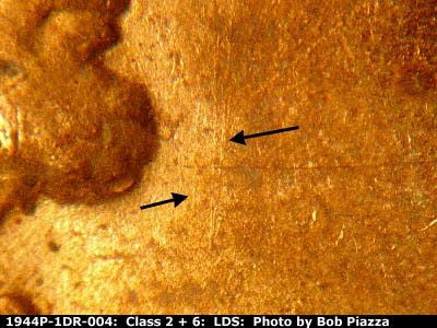 Die-stage C marker on 1944P•1DR•004 (1944 Doubled Die Reverse).
