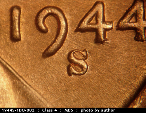 Die-stage B marker on 1944S•1DO•002 (1944 Doubled Die Obverse).