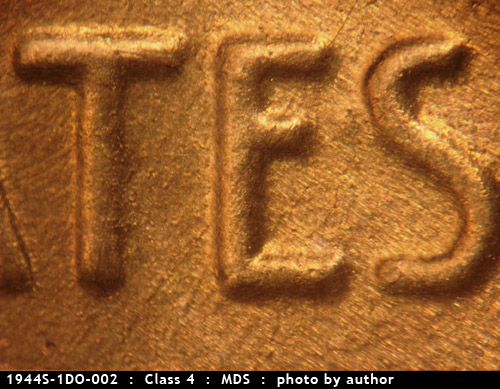 Die-stage B marker on 1944S•1DO•002 (1944 Doubled Die Obverse).