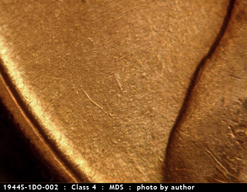 Die-stage B marker on 1944S•1DO•002 (1944 Doubled Die Obverse).