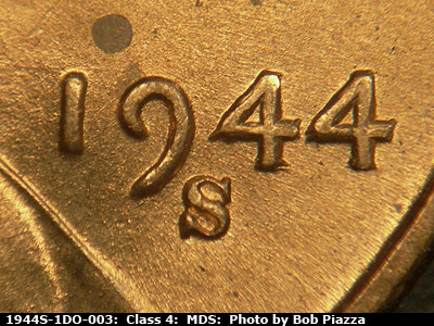 Die-stage B marker on 1944S•1DO•003 (1944 Doubled Die Obverse).