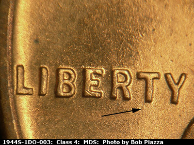 Die-stage B marker on 1944S•1DO•003 (1944 Doubled Die Obverse).