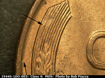 Die-stage B marker on 1944S•1DO•003 (1944 Doubled Die Obverse).