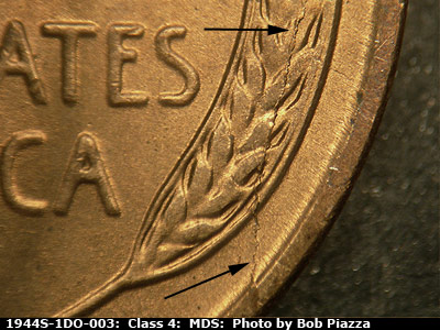 Die-stage B marker on 1944S•1DO•003 (1944 Doubled Die Obverse).