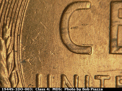 Die-stage B marker on 1944S•1DO•003 (1944 Doubled Die Obverse).