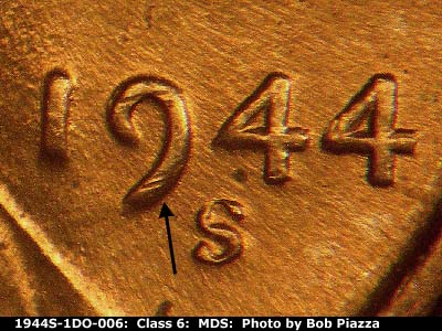 1944 Lincoln cent obverse, CopperCoins die 1944S•1DO•006.